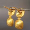 24K Gold Dangle Earrings, Domed Square Stud Earrings, Handmade Jewelry