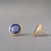 24K Gold Stud Earrings, Lapis Lazuli Gemstone Earrings, Solid Gold Post Earrings, Round Cabochon Earrings