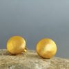 24K Gold Disc Stud Earrings, Pure Gold Domed Disc Studs, Rustic Jewelry