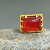 24K Solid Gold Ring, Red Carnelian Ring, Rectangle Gemstone Ring, Handmade Jewelry