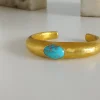 24K Gold Open Cuff Bangle, Persian Turquoise and Gold Bracelet, Handmade Jewelry