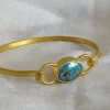 24K Gold Thin Flat Dainty Bangle, Bezel Set Persian Turquoise Hook Clasp Rigid Bracelet, Wrist Cuff For Women, Birthday Gift For Her