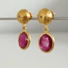 Geniune Ruby Gold Dangle Drop Earrings, 24K Solid Gold Stud With Tiny Diamond Dot, Hammered Texture Organic Jewelry, Birthday Gift For Women