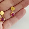 Geniune Ruby Gold Dangle Drop Earrings, 24K Solid Gold Stud With Tiny Diamond Dot, Hammered Texture Organic Jewelry, Birthday Gift For Women