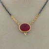 Red Carnelian Intaglio Pendant Necklace, Diamond Decorated Pure Gold Bezel Seal Pendant , 24K Gold Sterling Silver Mixed Metal Link Chain