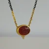 Red Carnelian Intaglio Pendant Necklace, Diamond Decorated Pure Gold Bezel Seal Pendant , 24K Gold Sterling Silver Mixed Metal Link Chain